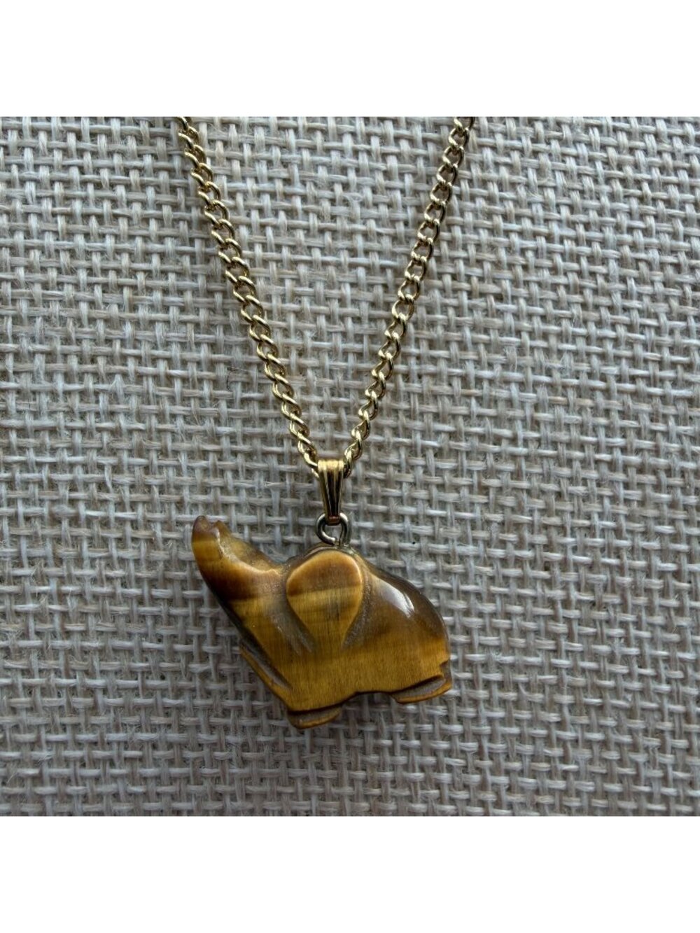Tigers Eye Carved Elephant Necklace Gold Tone 18" Good Luck Boho Folksy Trunk Up